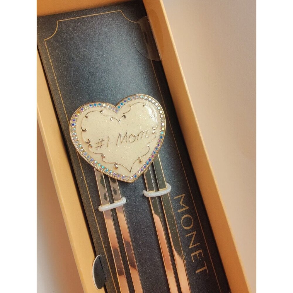 Monet #1 Mom Gold Tone Heart-Shaped Bookmark W Rainbow Rhinestones & Glitter NWT